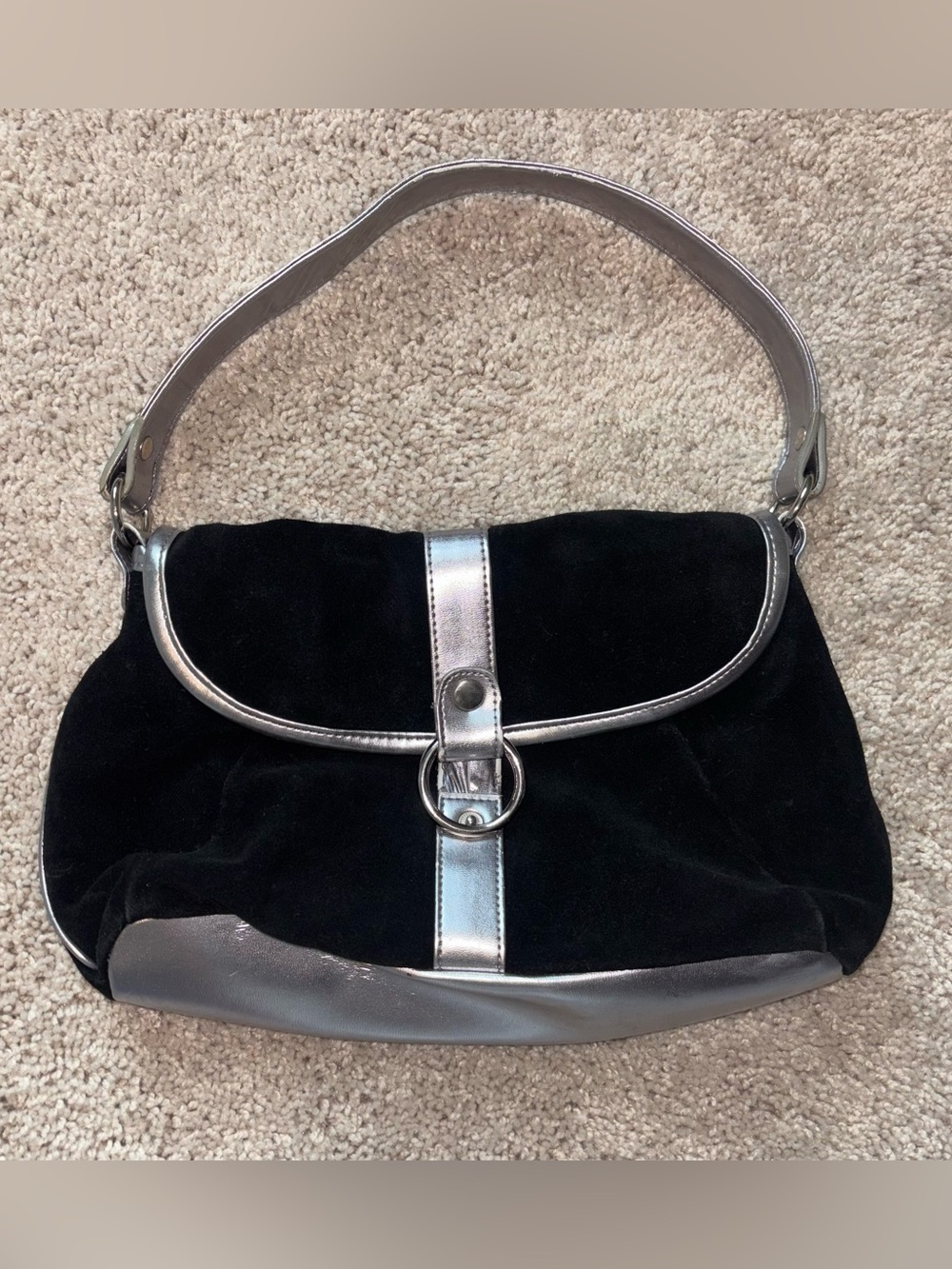 Vintage Y2K Black Velour Metallic Silver Studded Shoulder Bag McBling Cyber